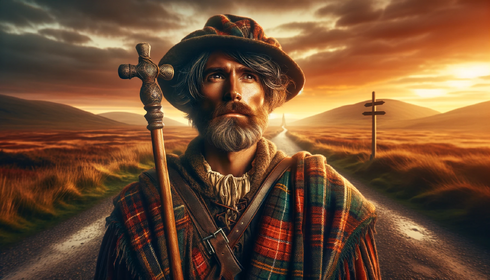 DALL·E 2024-03-17 14.15.58 - A widescreen (16 9) portrait of a medieval pilgrim who combines traditional attire with Scottish elements, including a tartan kilt. This pilgrim is di.webp