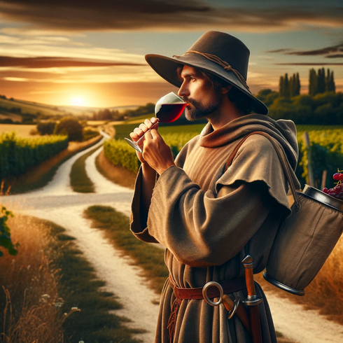 DALL·E 2024-03-17 14.09.10 - A medieval pilgrim in traditional attire, wearing a wide-brimmed hat and a cloak, stands at a crossroads on a path through a picturesque landscape. He.webp